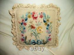 French Needlepoint Aubusson Feather Pillow Floral Bow Vintage Early MID Century