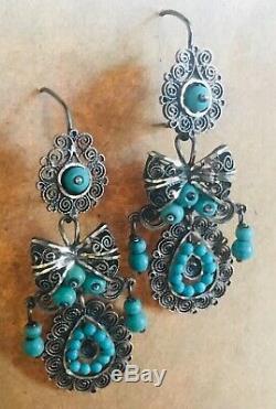 Frida Kahlo Style Taxco Mexico Sterling Silver Filigree Turquoise Earrings Bow