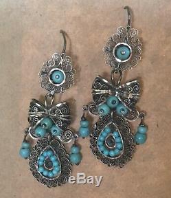 Frida Kahlo Style Taxco Mexico Sterling Silver Filigree Turquoise Earrings Bow