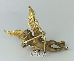 Fully Sculpted Winged Blind Cupid with Bow & Diamond Arrow Pin Brooch 1 3/4 in