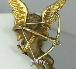 Fully Sculpted Winged Blind Cupid with Bow & Diamond Arrow Pin Brooch 1 3/4 in