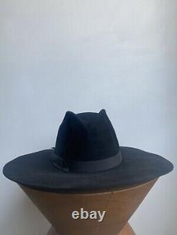 GLADYS TAMEZ Dusty Black Wool Felt Wide Brim Ribbon Bow Trim Fedora Hat S