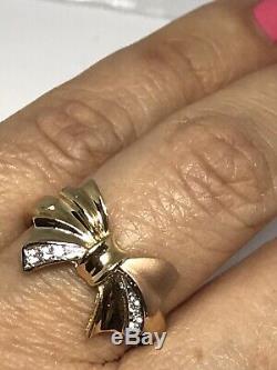 GOLD Bow ring 14k solid real Tri simulated diamond size 7 ask 5 6 8 9