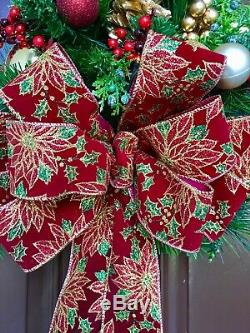 Glittery Poinsettia Bow WALL TREE Holiday Decor, Cordless Light with Timer