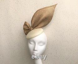 Gold and White Wedding Fascinator Pillbox Guest Hat Gold Races Bow White Hat