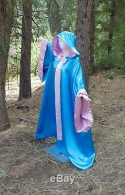 Good quality Heavy Satin Fairy Blue Godmother Hooded Robe Plus Size bow Sleeves