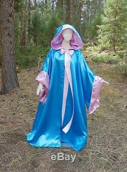 Good quality Heavy Satin Fairy Blue Godmother Hooded Robe Plus Size bow Sleeves
