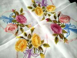 Gorgeous Yellow & Pink Rose Posies/Bows Vintage Hand Embroidered Tablecloth