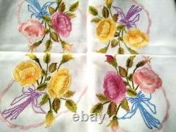 Gorgeous Yellow & Pink Rose Posies/Bows Vintage Hand Embroidered Tablecloth