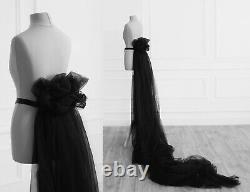 Gothic stage wear bustle skirt with train. Photoshoot black tulle overskirt