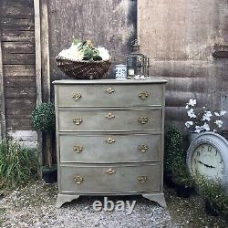 Grey Hand Painted Bow Fronted Rustic Country Farmhouse Vintage Chest of Drawers