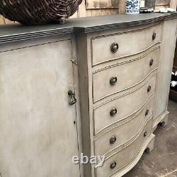 Grey Hand Painted Gustavian Country Style Vintage Bow Fronted Cabinet Sideboard