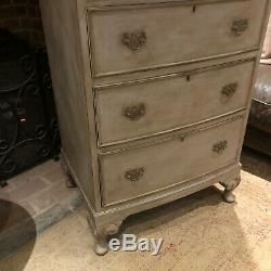 Grey Painted Country Style Vintage Bow Fronted 6 Drawer Chest of Drawers Tallboy