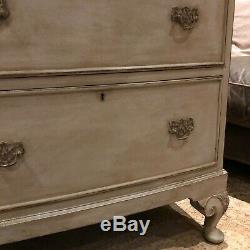 Grey Painted Country Style Vintage Bow Fronted 6 Drawer Chest of Drawers Tallboy