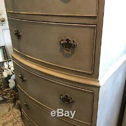 Grey Vintage Gustavian Style Bow Fronted Tallboy Chest of Drawers Brass Handles