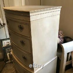 Grey Vintage Gustavian Style Bow Fronted Tallboy Chest of Drawers Brass Handles
