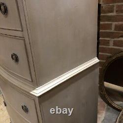 Gustavian Country Style Grey Painted Vintage Bow Front Tallboy Chest of drawers