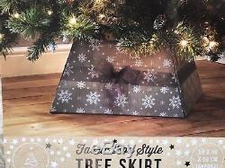 HANDMADE Fabric Box Style Large Grey CHRISTMAS TREE Skirt with Bow Snow Flakes