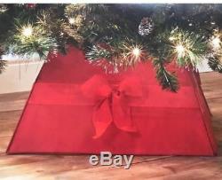 HANDMADE Fabric Box Style Large RED CHRISTMAS TREE Skirt with RED BOW Bright RED