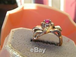 HANDMADE UNIQUE VINTAGE POESY FLOWER BOW 14KT WHITE/ROSE GOLD RING WithPINK STONE
