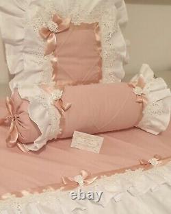 Handmade Bumperless Baby Bedding Filled Quilt, Square Pillow, Roll Cushion + Bow