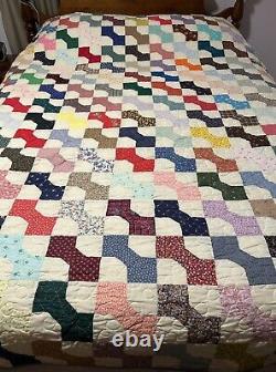 Handmade Cotton Quilt Patchwork Bow Tie Signed 1994 Clean Queen/Full 88 X 74