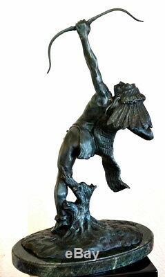 Handmade Indian with Bow in Bronze on Marble Base Sign Carl Kauba
