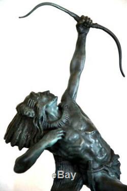 Handmade Indian with Bow in Bronze on Marble Base Sign Carl Kauba