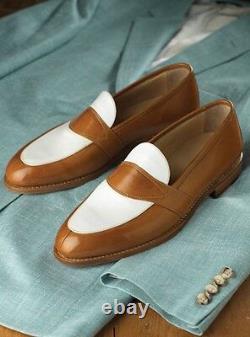 Handmade Men Brown and white leather shoes, Men slip ons Men dress leather shoes