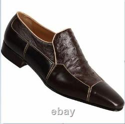 Handmade Men Genuine leather Ostrich Shoes moccasins. Brown dress Shoes for mens
