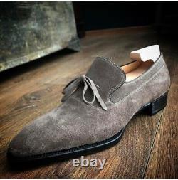 Handmade Men Gray Suede Shoes, Dress Tuxedo Shoes For Men, Moccasin Shoes