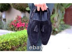 Handmade Men Navy blue Suede Shoes, Men fashion Suede Tassel shoes and moccasin