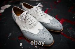 Handmade Men Two Tone Party Shoes Men White And Gray Leather brogue Shoes