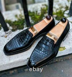 Handmade Men's Black Round Toe Slip On Crocodile Texture Leather Dress Shoes