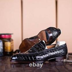 Handmade Men's Black Round Toe Slip On Crocodile Texture Leather Office Shoes