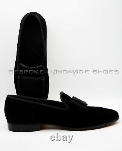 Handmade Men's Black Velvet Slip On Wedding Bow Tuxedo Formal Shoes