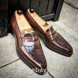 Handmade Men's Brown Slip On Crocodile Texture Leather Dress Shoes moccasins