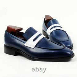 Handmade Men two tone Leather dress shoes, Men Navy blue loafer moccasins shoes