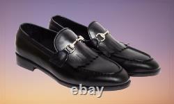 Handmade Mens Black Leather fringe Loafer, Men black casual shoes, Mens shoes