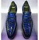 Handmade Mens Blue Crocodile embossed Leather shoes, Moccasins for men