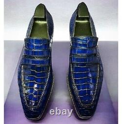 Handmade Mens Blue Crocodile embossed Leather shoes, Moccasins for men