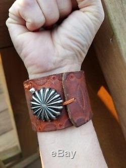 Handmade Native American Navajo Bow Guard Leather Cuff Bracelet Yei