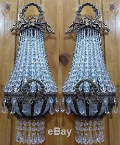 Handmade Rustic Pair Bow Garland Crystal Beads Brass Ornate Wall Sconces Lights