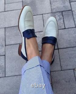 Handmade Two tone Formal Shoes, Men white and blue leather moccasins loafer