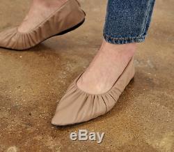 Handmade Women Lamb Skin Babette Shoes Sheep Leather Point Toe Gathered In Beig
