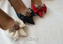 Handmade Women Leather Pumps Mid Heel Shoes Bee Bow Hibiscus Stiletto RED
