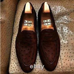 Handmade brown ostrich moccasin, dress slip on loafer shoes, leather shoes mens