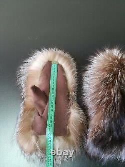 Handmade crystal fox fur mittens with cashmere and fleece lining