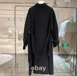 Handmade high quality 89% virgin wool black coat with tie on sleeve