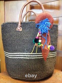 Handwoven Stipped Sisal Basket Tote Kiondo Bag! African StrawTote Handmade-Large